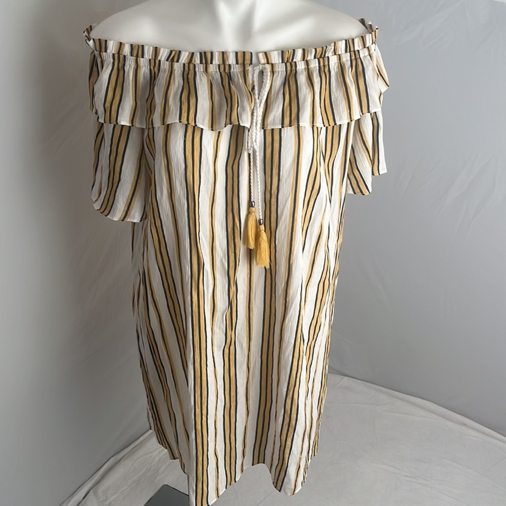 Pia Rossini Lewes yellow black white off the shoulder dress